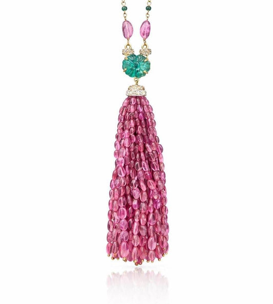 14K Gold Tourmaline, Emerald, & Diamond Beaded Tassel Necklace
