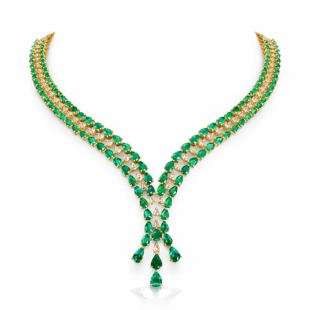 14K Gold Emerald & Diamond Lariat Necklace