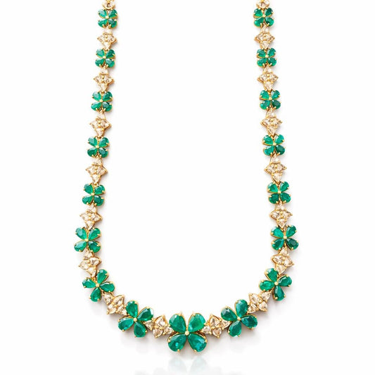 14K Gold Emerald & Diamond Floral Necklace