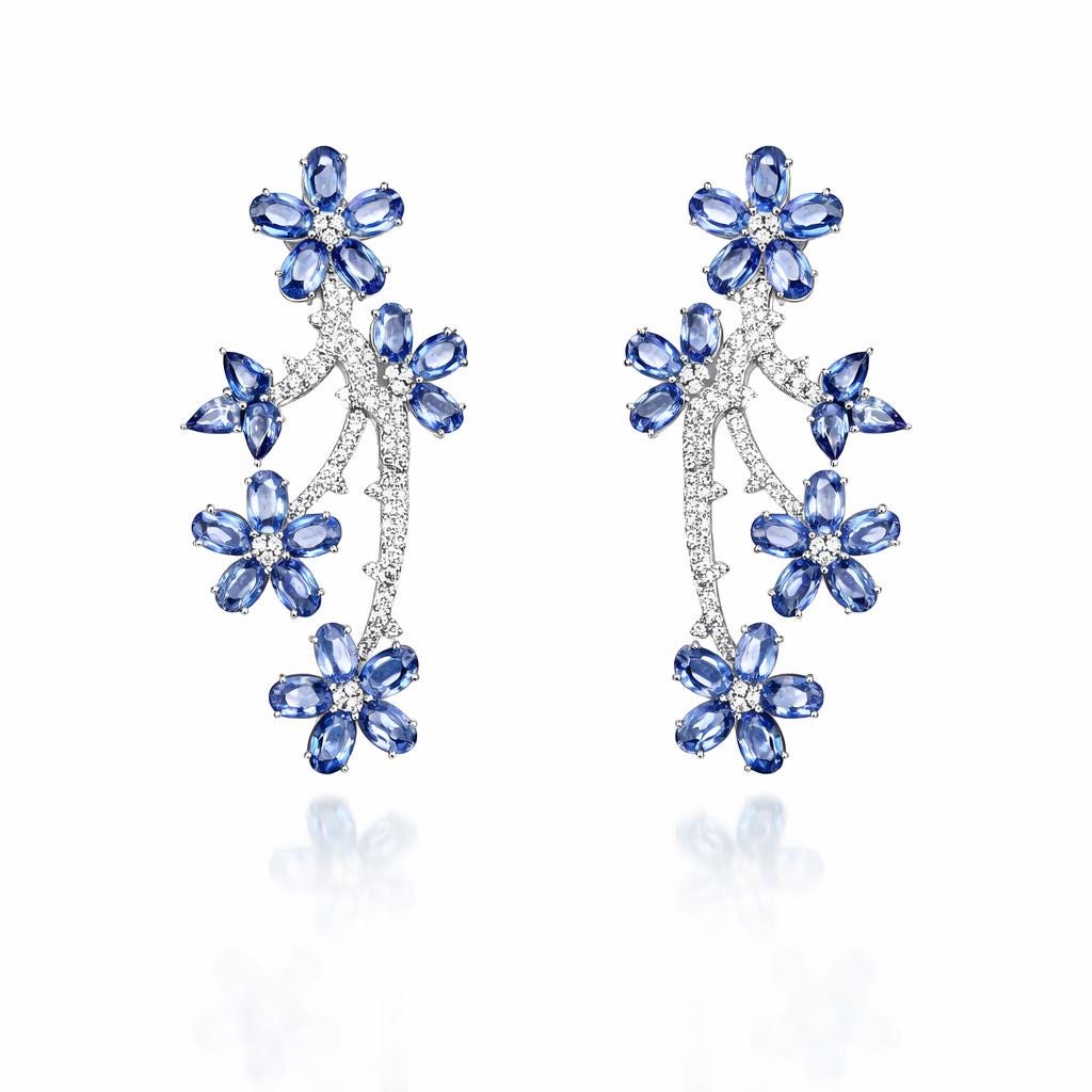 14K Gold Blue Sapphire & Diamond Floral Earrings