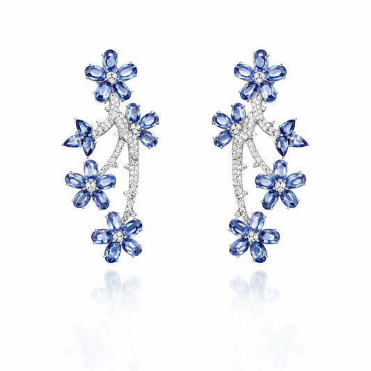 14K Gold Blue Sapphire & Diamond Floral Earrings