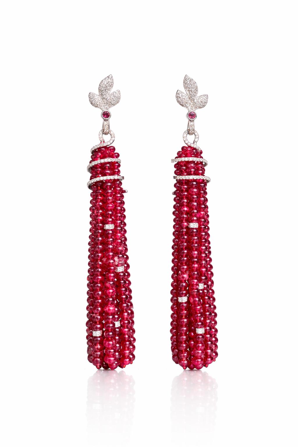 14K Gold Spinel & Diamond Beaded Tassel Earrings