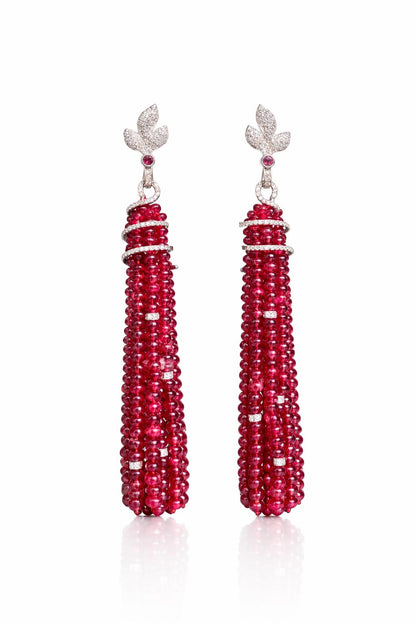 14K Gold Spinel & Diamond Beaded Tassel Earrings