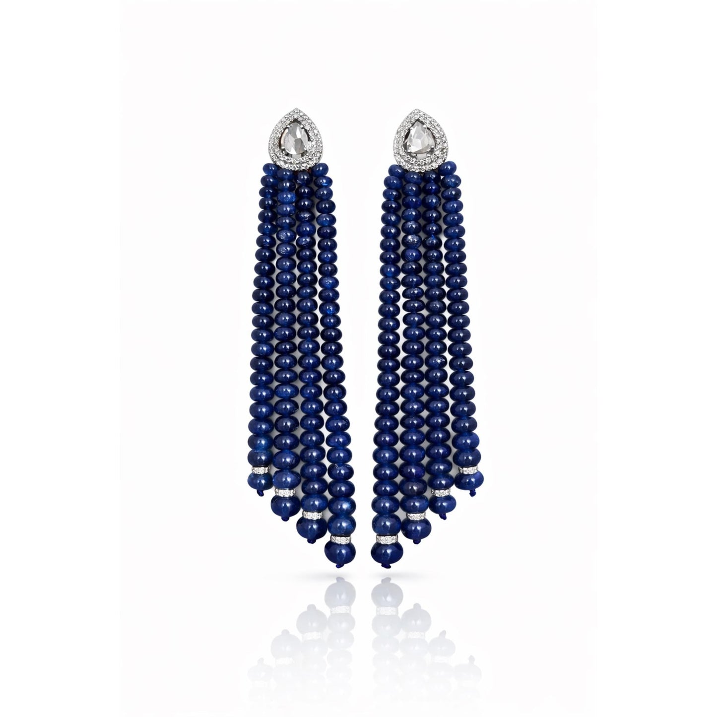 14K Gold Blue Sapphire & Diamond Beaded Tassel Earrings