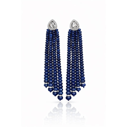 14K Gold Blue Sapphire & Diamond Beaded Tassel Earrings