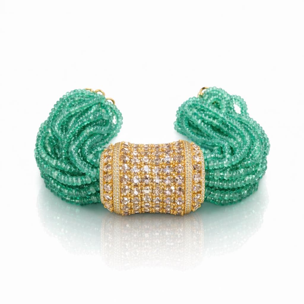 14K Gold Emerald & Diamond Beaded Bracelet