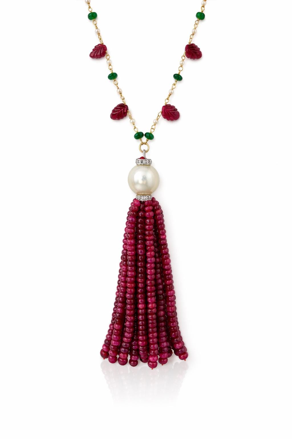 14K Gold Ruby, Emerald, Pearl, & Diamond Beaded Tassel Necklace