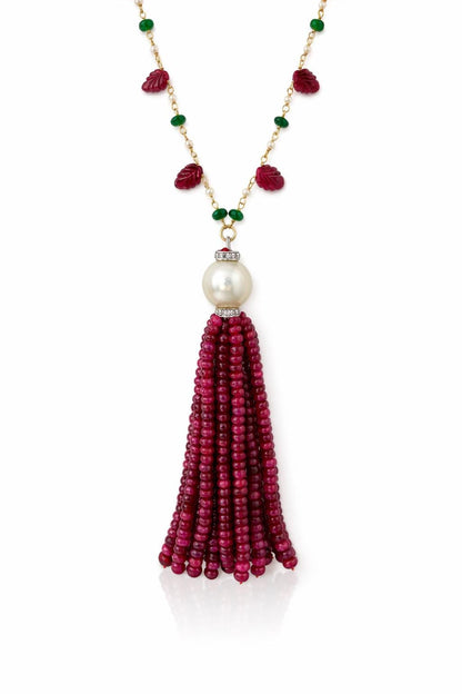 14K Gold Ruby, Emerald, Pearl, & Diamond Beaded Tassel Necklace