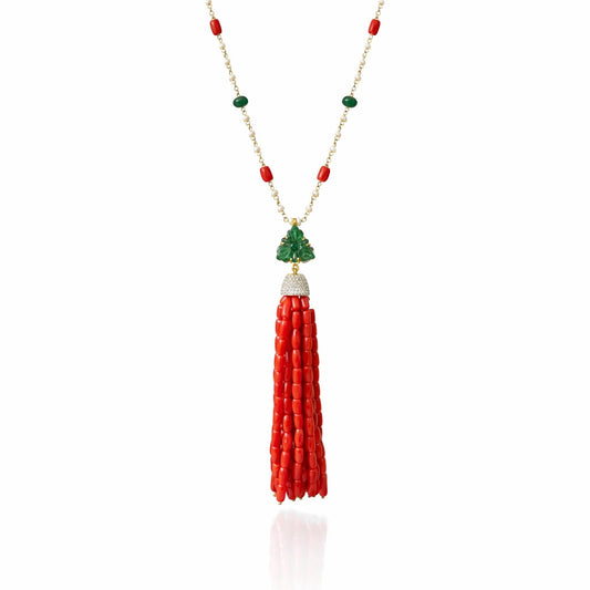 14K Gold Coral, Emerald, & Diamond Beaded Tassel Necklace