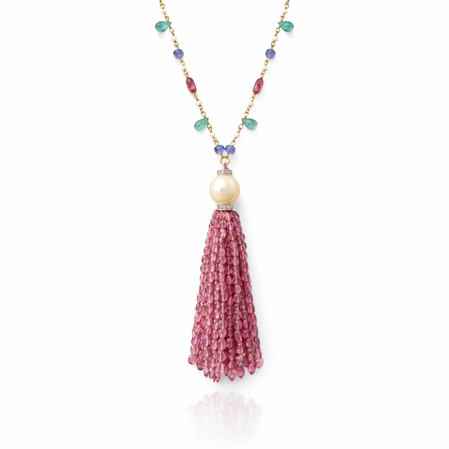 14K Gold Pink Tourmaline, Emerald, Pearl, & Diamond Beaded Tassel Necklace
