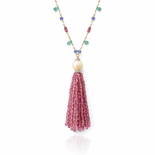 14K Gold Pink Tourmaline, Emerald, Pearl, & Diamond Beaded Tassel Necklace