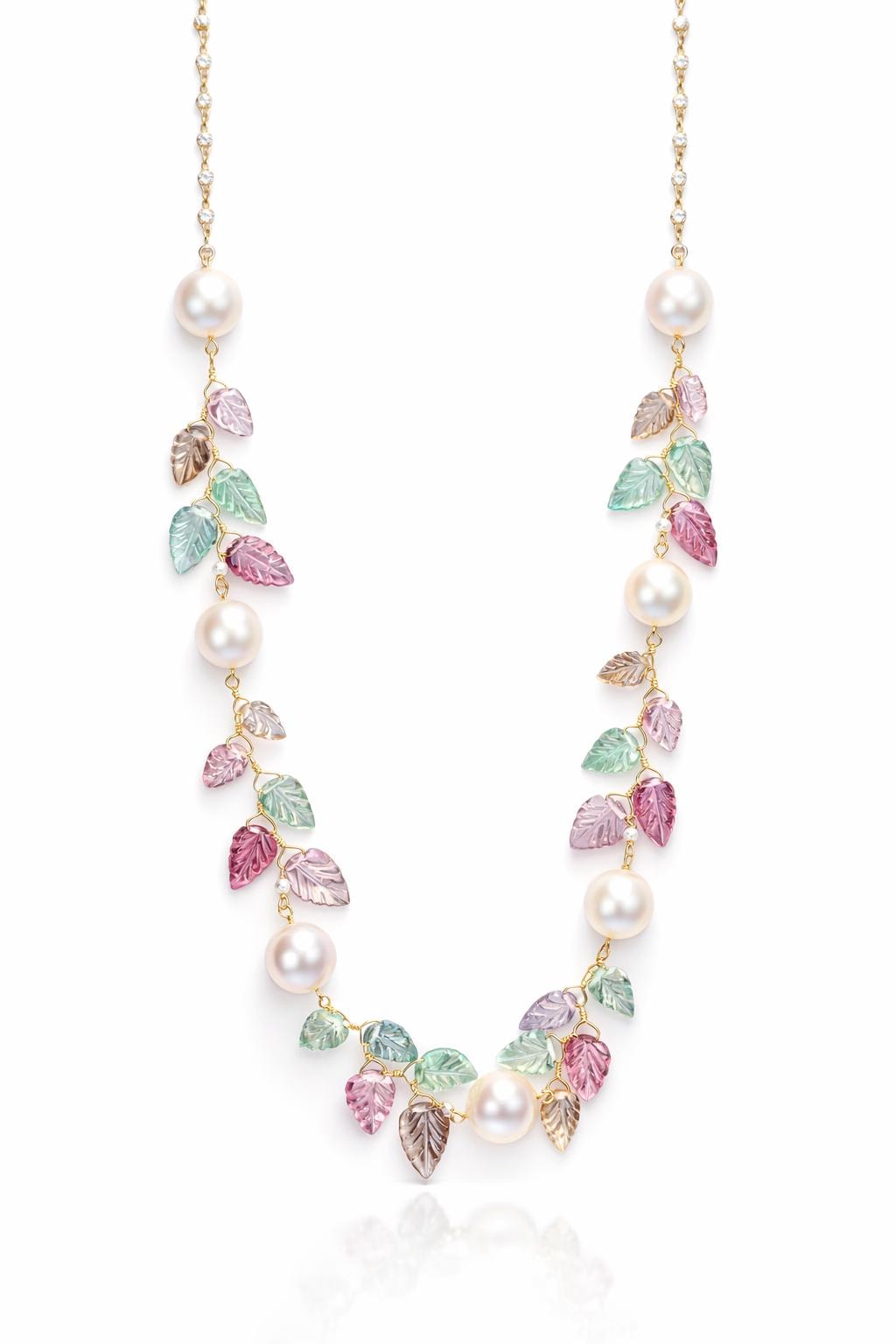 14K Gold Pearl & Tourmaline Beaded Leaf Necklace