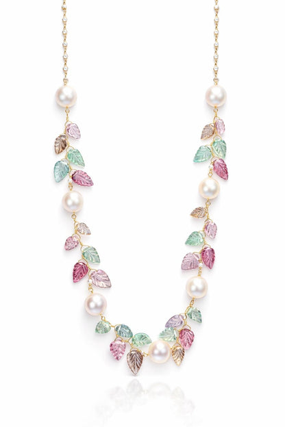 14K Gold Pearl & Tourmaline Beaded Leaf Necklace