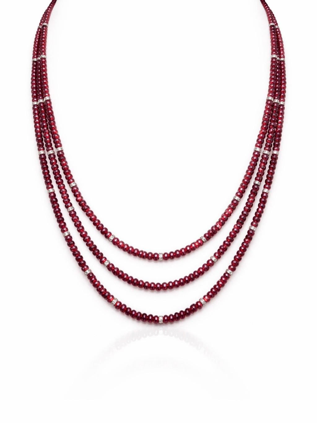 14K Gold Spinel & Diamond Layered Beaded Necklace