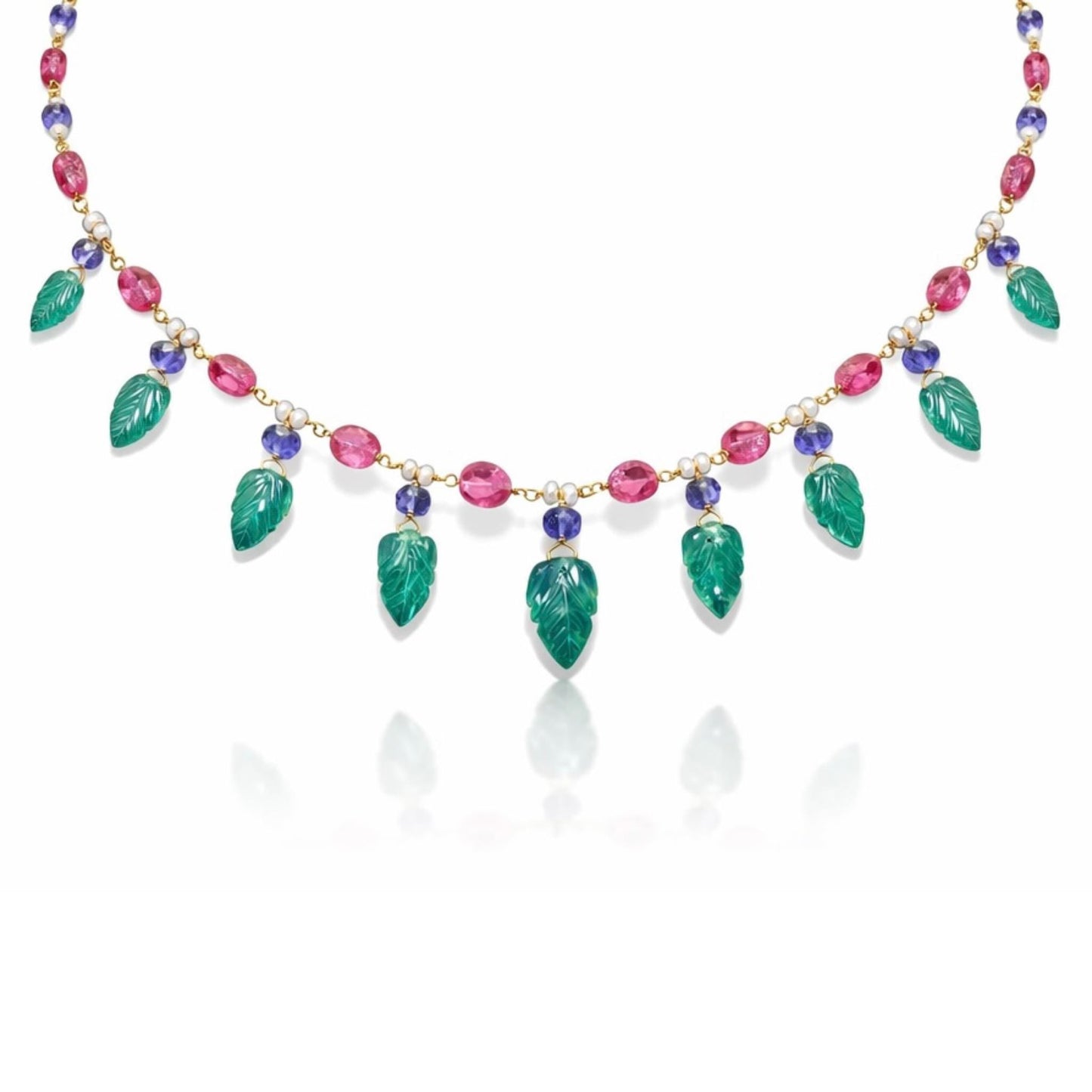 14K Gold Emerald, Tourmaline, & Tanzanite Beaded Necklace