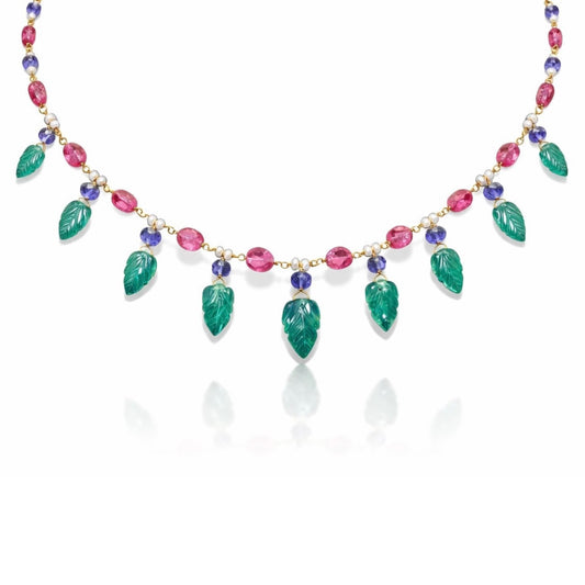 14K Gold Emerald, Tourmaline, & Tanzanite Beaded Necklace
