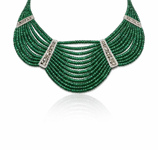 14K Gold Emerald & Diamond Beaded Necklace