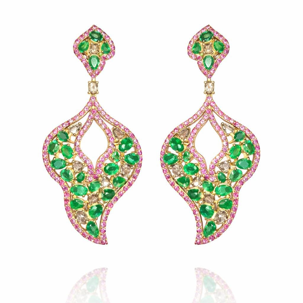 14K Gold Emerald, Pink Sapphire, & Diamond Leaf Earrings