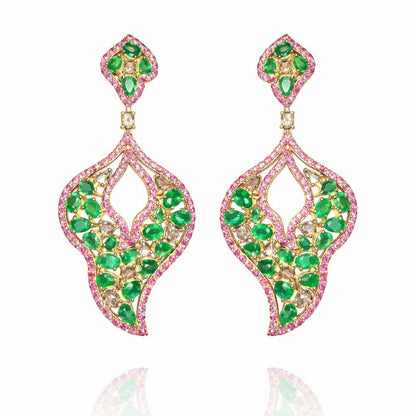 14K Gold Emerald, Pink Sapphire, & Diamond Leaf Earrings