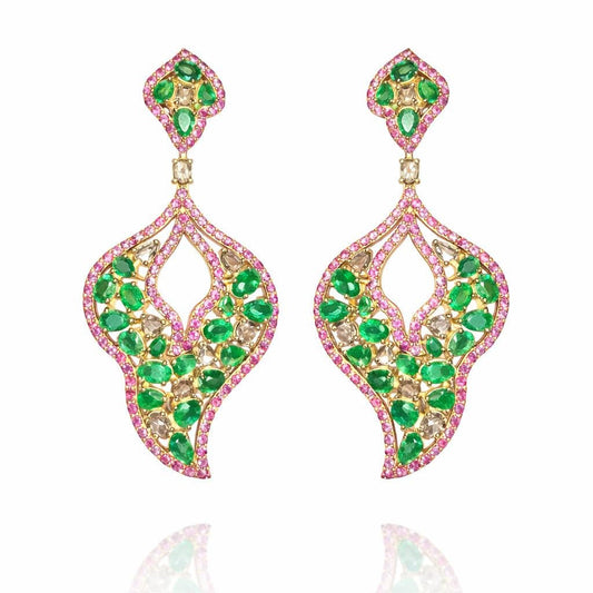 14K Gold Emerald, Pink Sapphire, & Diamond Leaf Earrings