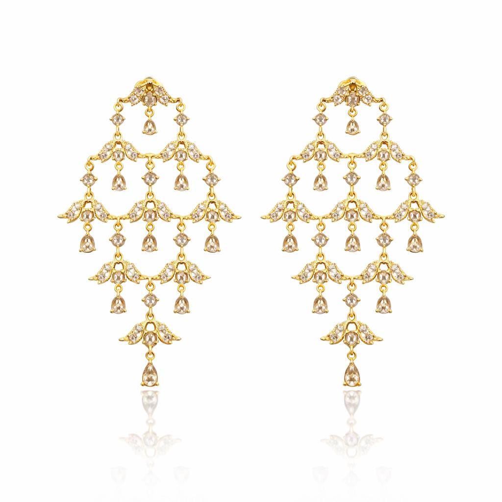 14K Gold Rose Cut Diamond Chandelier Earrings