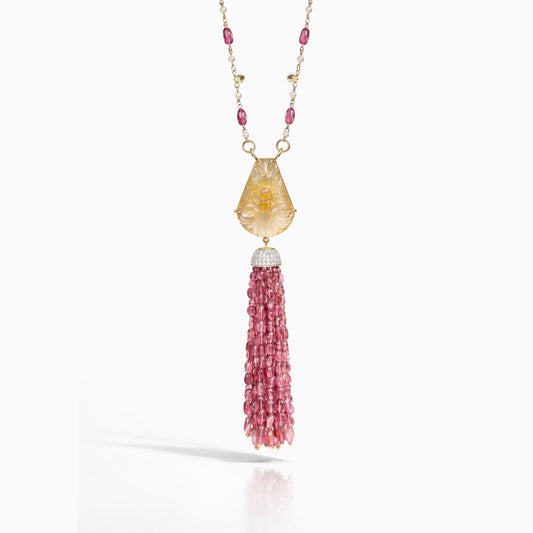 14K Gold Tourmaline, Sapphire, & Diamond Beaded Tassel Necklace