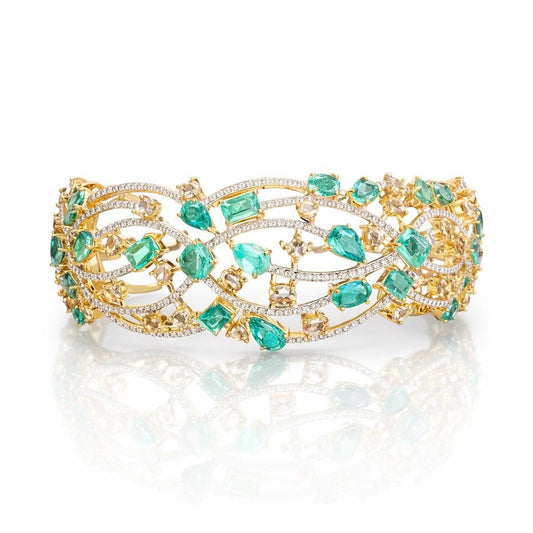 14K Gold Emerald & Diamond Bangle Bracelet