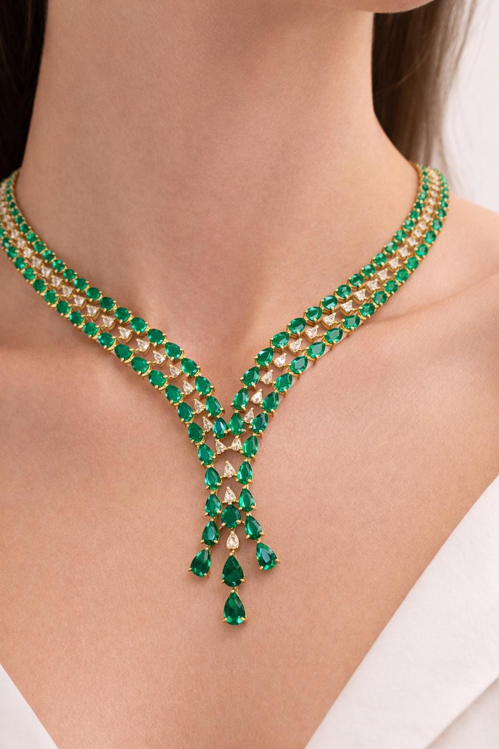 14K Gold Emerald & Diamond Lariat Necklace