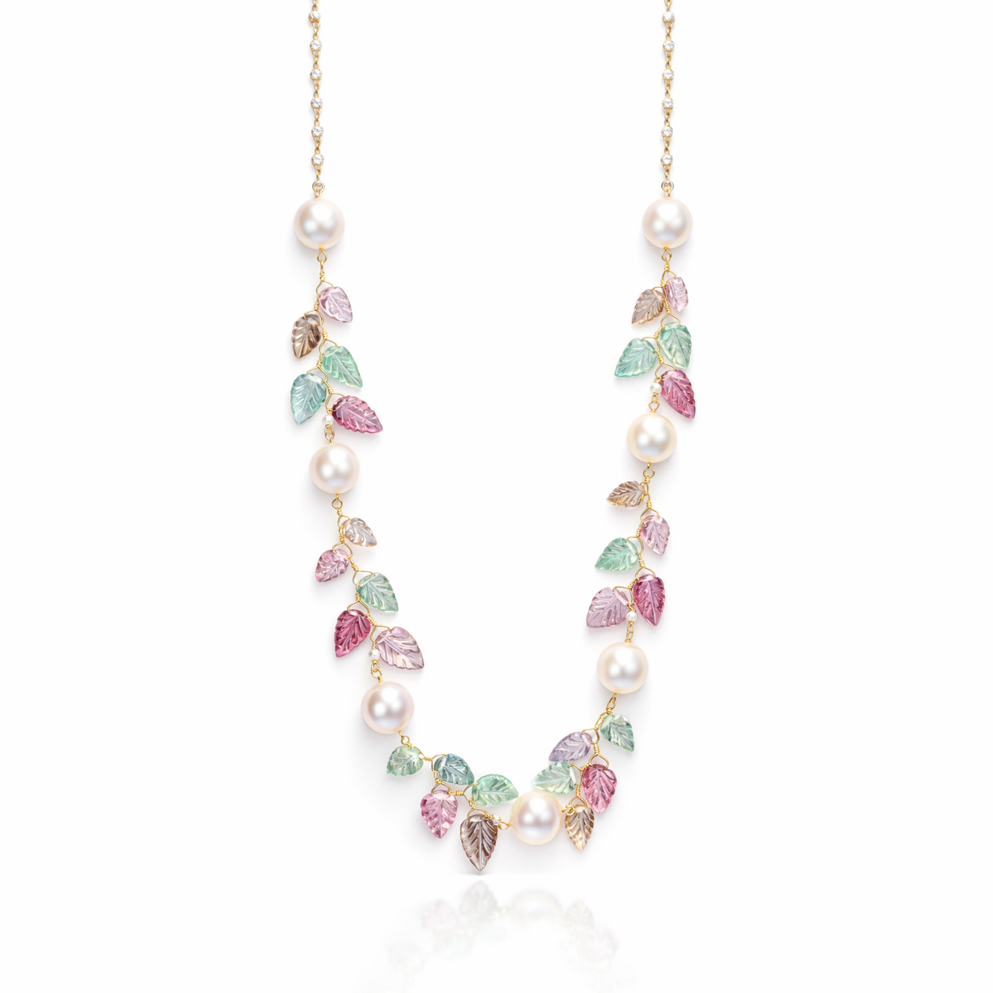 14K Gold Pearl & Tourmaline Beaded Leaf Necklace