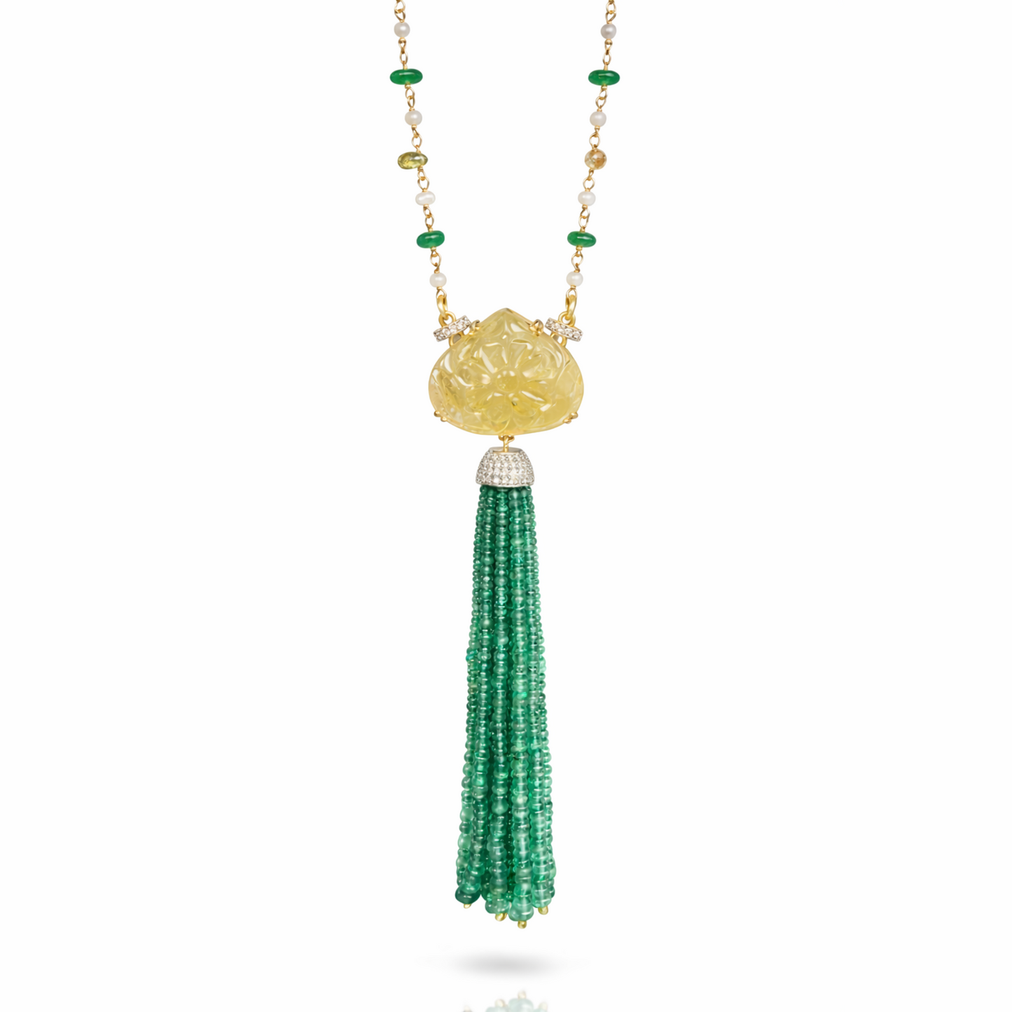 14K Gold Emerald, Sapphire, & Diamond Beaded Tassel Necklace