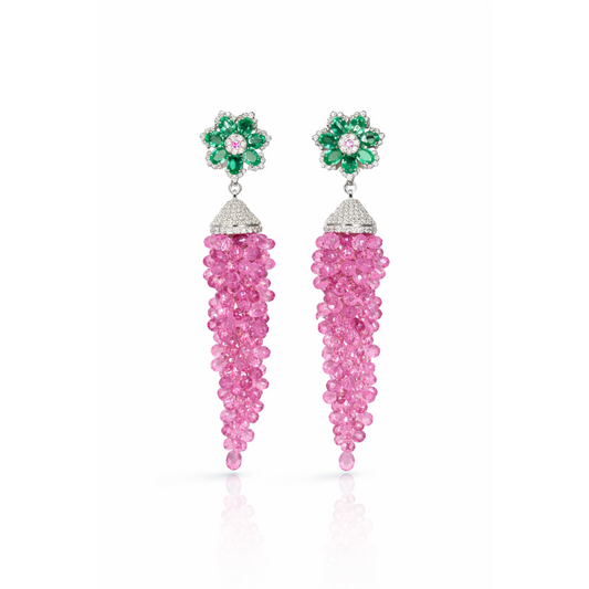 14K Gold Pink Sapphire, Emerald, & Diamond Beaded Briolette Earrings
