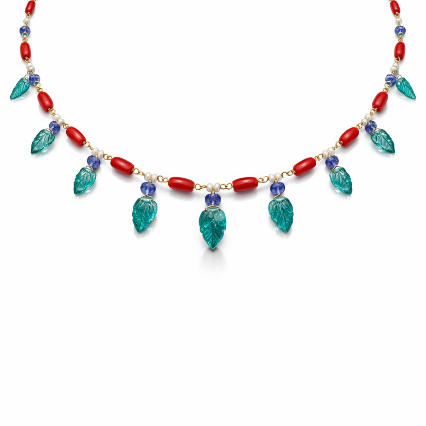 14K Gold Emerald, Coral, & Tanzanite Beaded Necklace