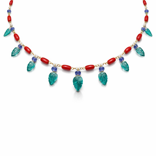 14K Gold Emerald, Coral, & Tanzanite Beaded Necklace